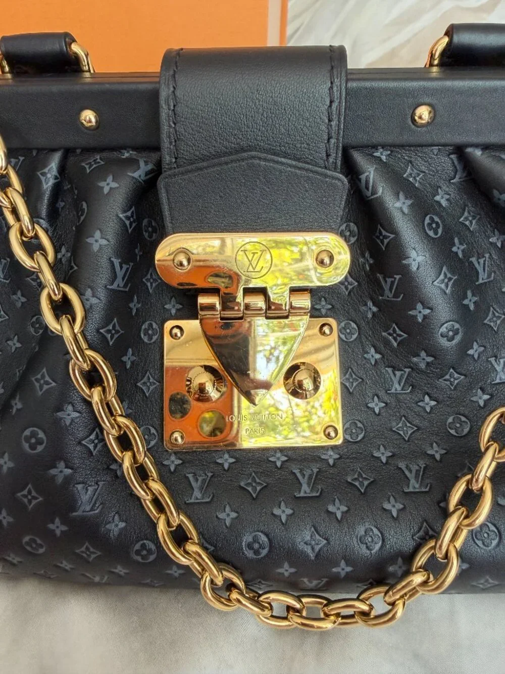 Authentic Louis Vuitton Nanogram Embossed Clutch - Black (Full Set)